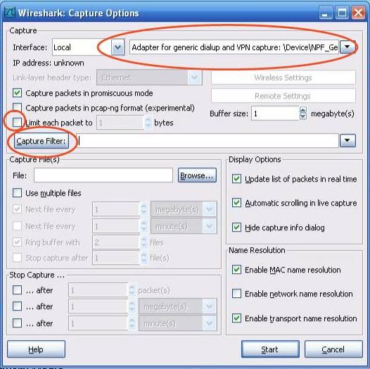 Setting wireshark options for packet capture